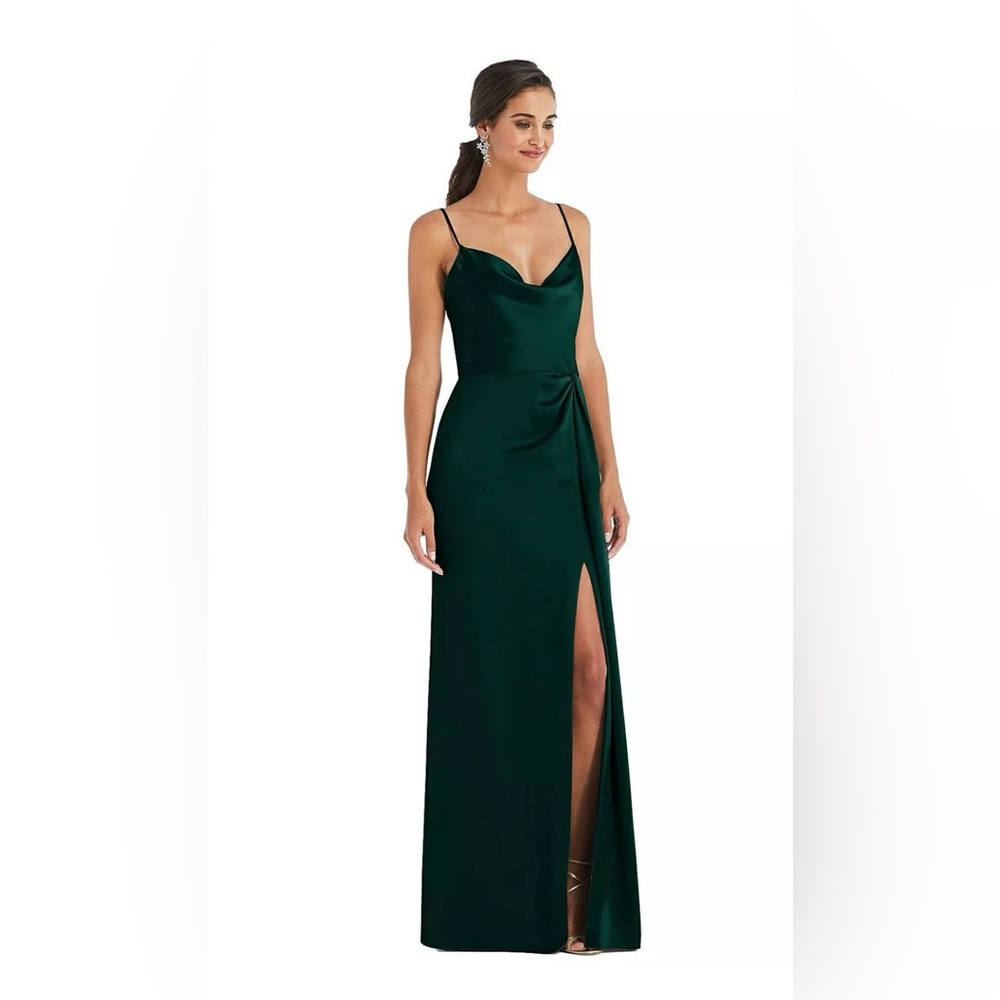Dessy Collection Cowl Neck Charmeuse Trumpet Gown Evergreen Sz 8 NWT